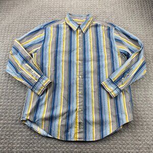Vintage CHAPS Denim Shirt Men Large L White Blue Red Yellow Striped Colorful 90s